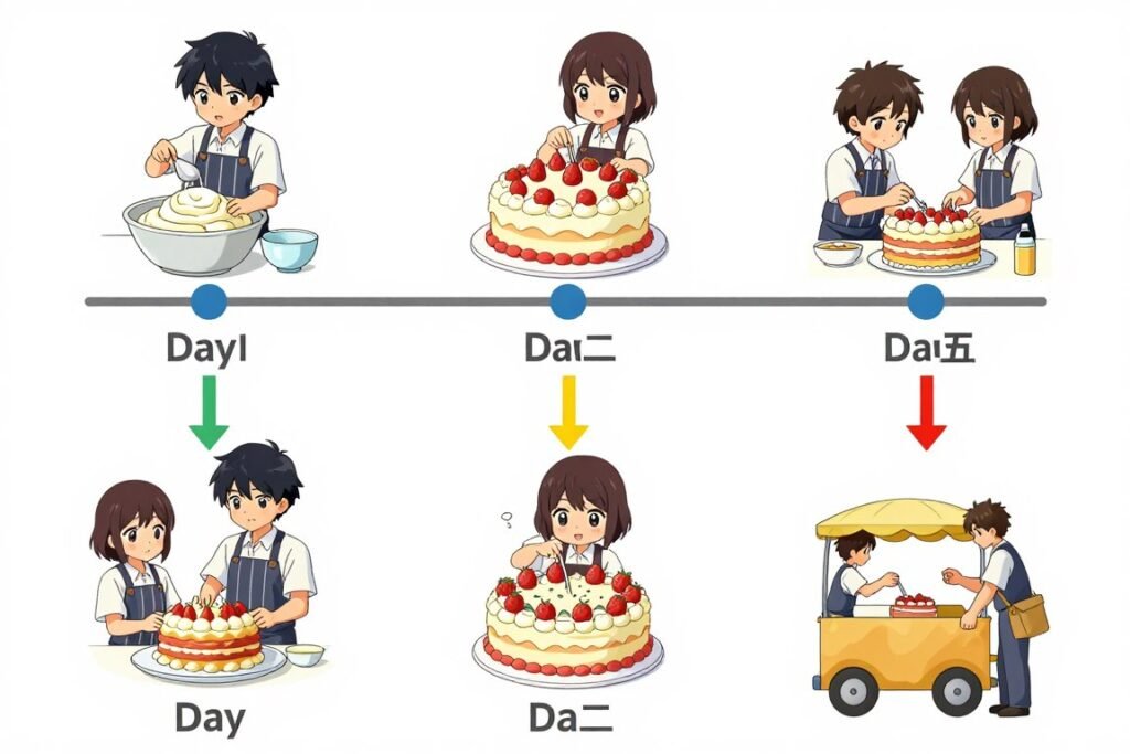 timeline calendar showing anime cake preparation schedule across multiple days timeline calendar showing anime cake preparation schedule across multiple days