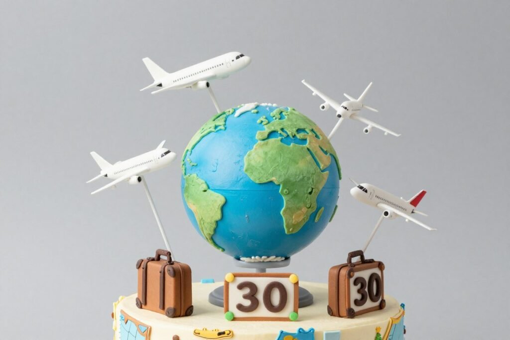 travel-themed 30th birthday cake with globe and airplane decorations