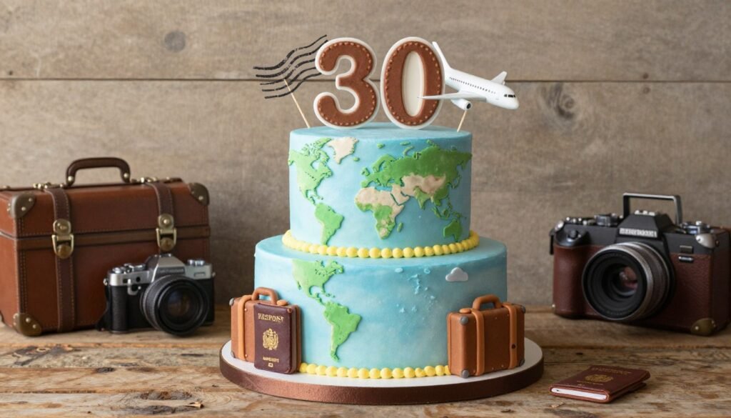 travel themed 30th birthday cake with map design