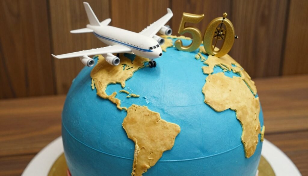 travel-themed 50th birthday cake with globe design and gold accents
