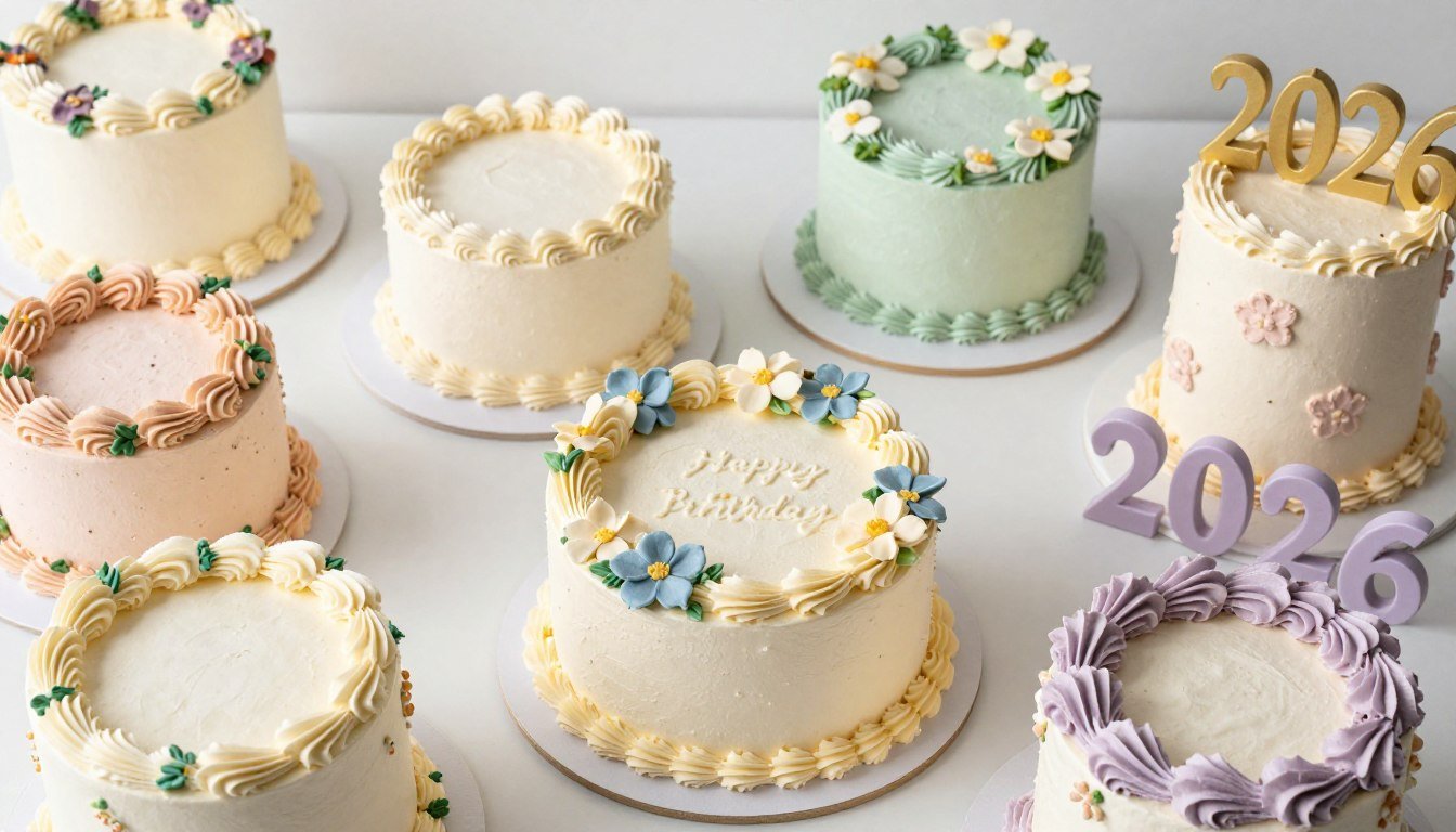 trending birthday cake designs 2026 showcase featuring piped buttercream flowers and vintage aesthetic