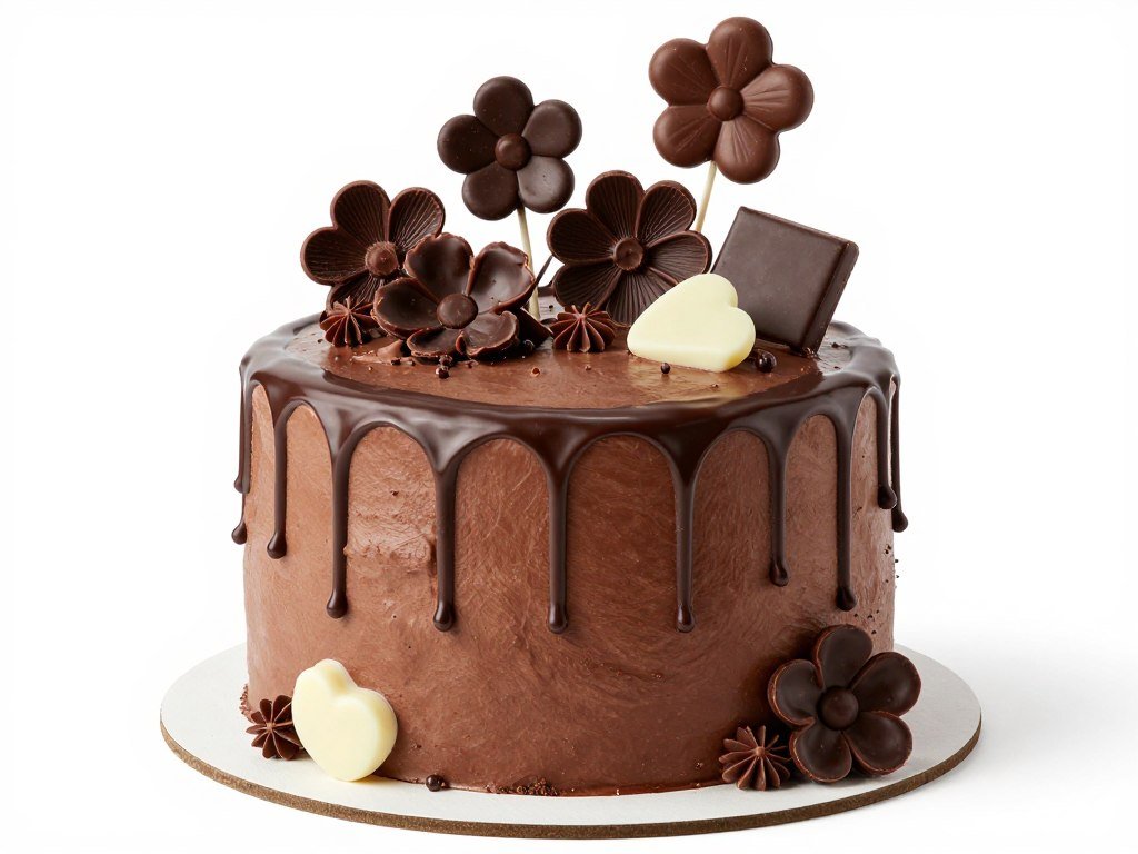 triple chocolate birthday cake with mixed chocolate decorations