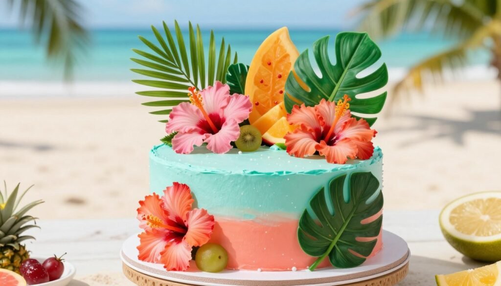 tropical 50th birthday cake with hibiscus flowers and palm leaves