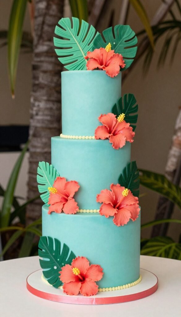 tropical birthday cake with palm leaves and exotic flowers