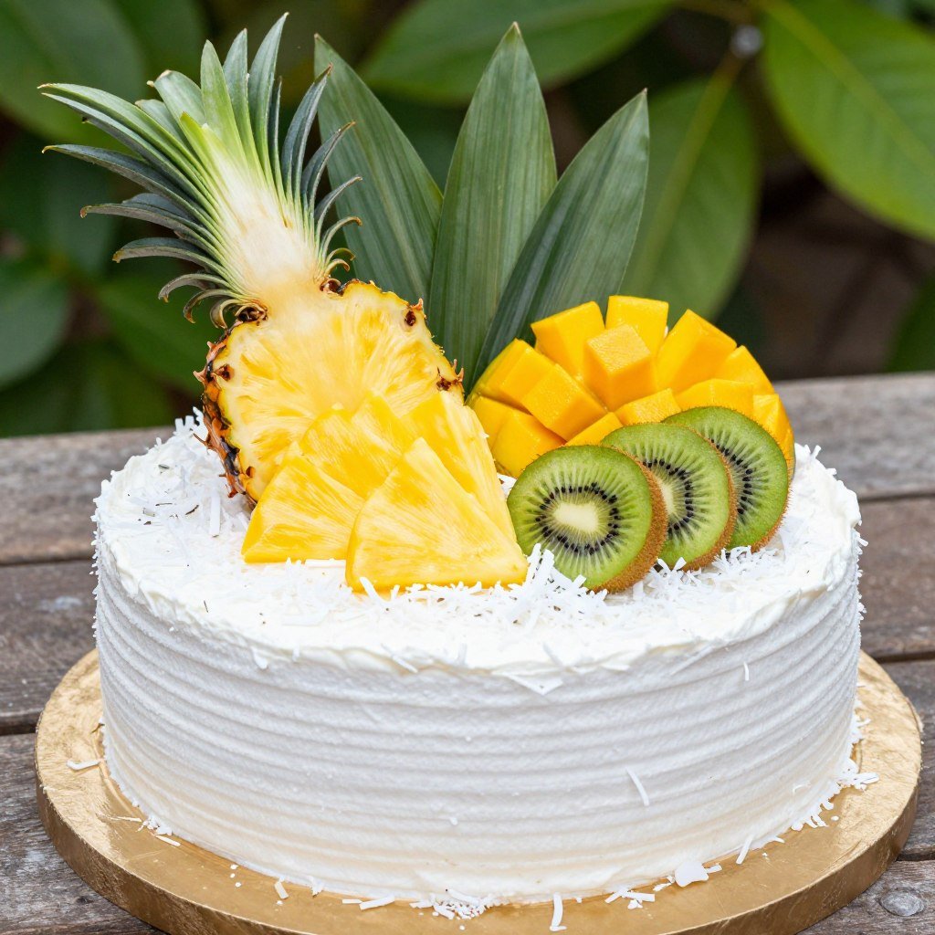tropical fruit decorated 50th birthday cake with pineapple and mango