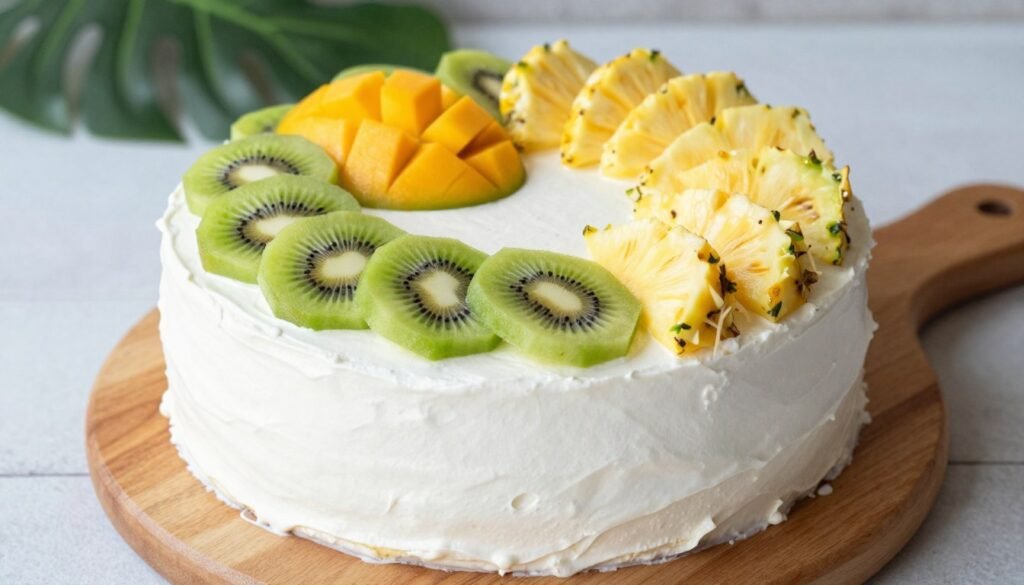 tropical fruit decorated birthday cake with kiwi and mango slices