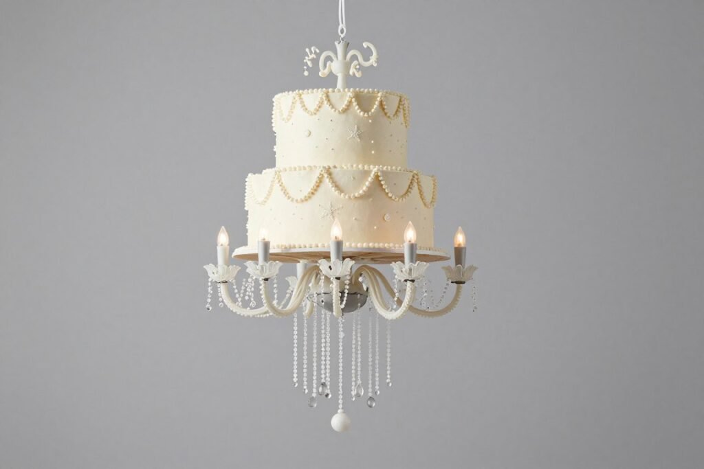upside-down chandelier birthday cake with hanging decorations