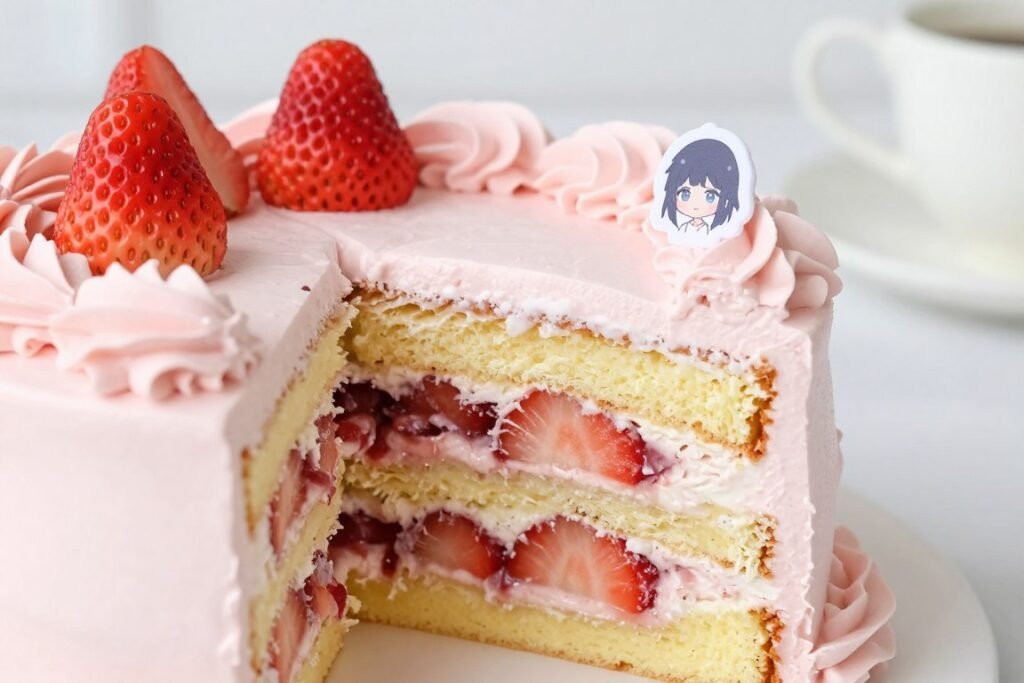 vanilla birthday cake with fresh strawberry filling and pastel anime design vanilla birthday cake with fresh strawberry filling and pastel anime design