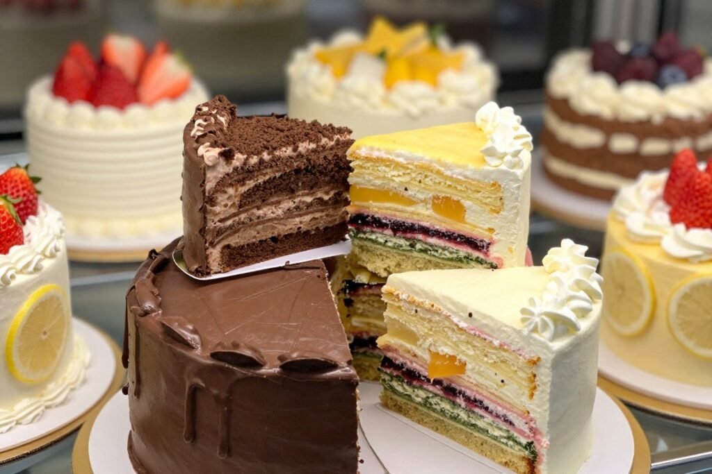 variety flavor birthday cake with cut slice showing layers