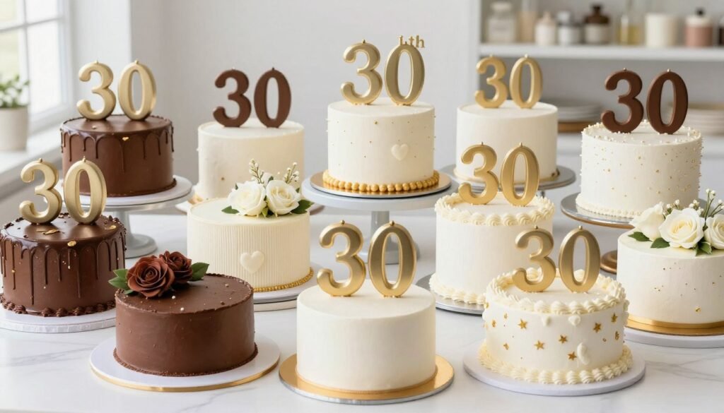 variety of 30th birthday cakes displayed together