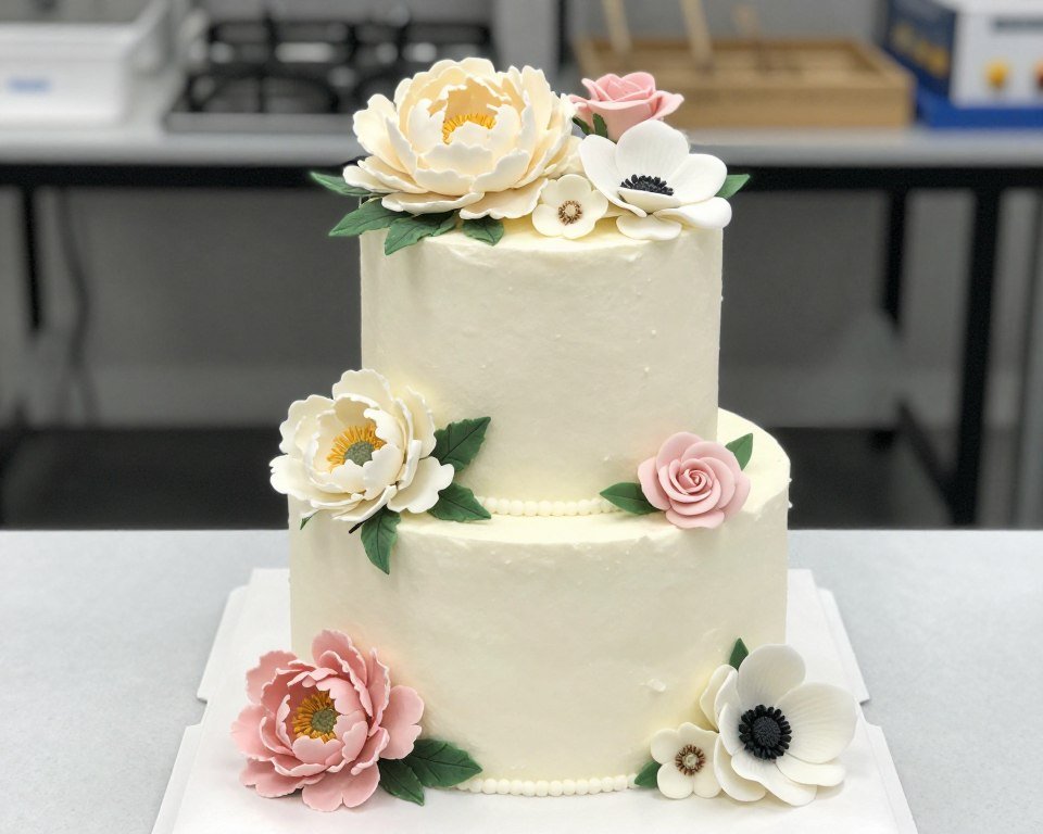 variety of sugar flowers on birthday cake