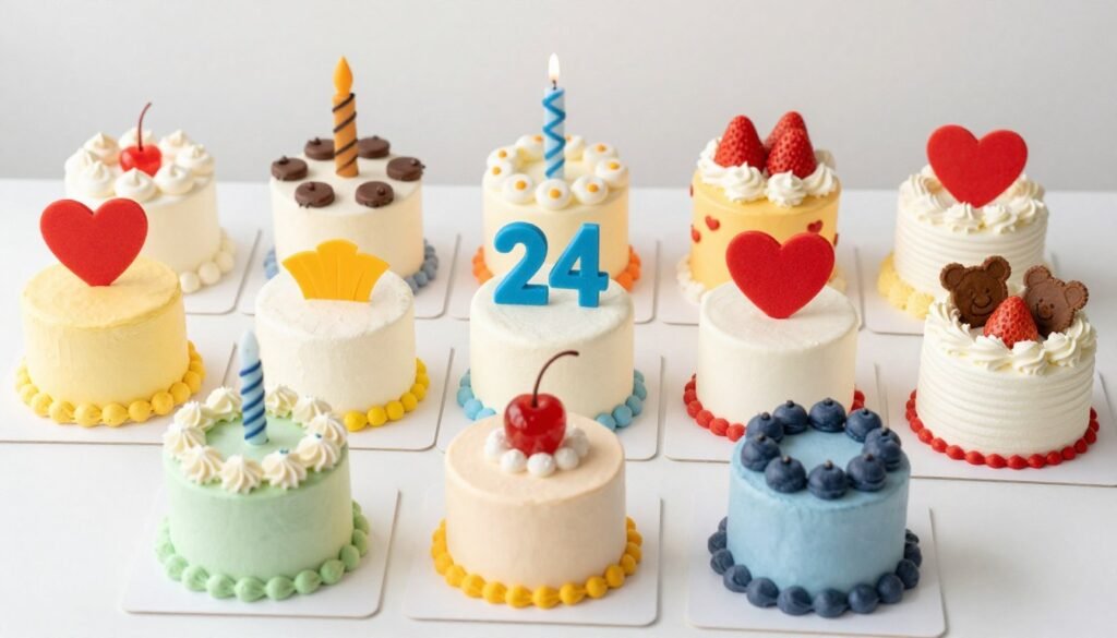 variety pack of individual birthday cakes in different designs