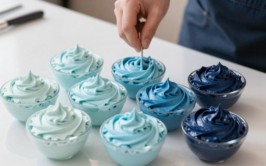 various shades of blue buttercream frosting in bowls showing color progression various shades of blue buttercream frosting in bowls showing color progression
