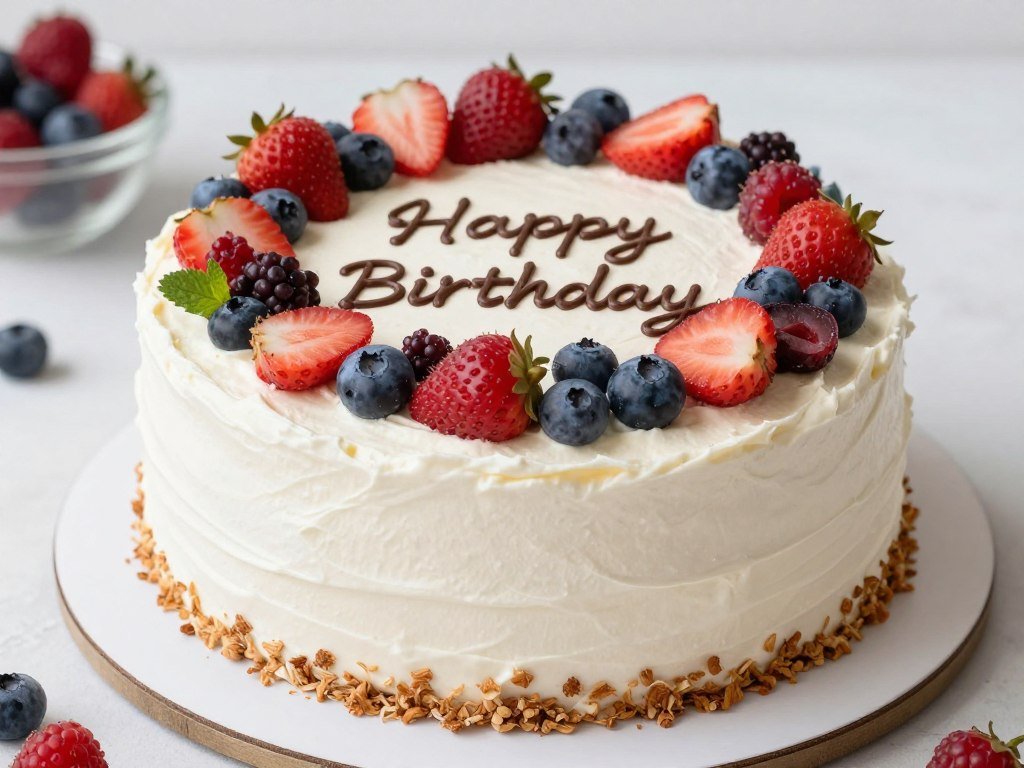 vegan birthday cake with coconut cream frosting and fruit
