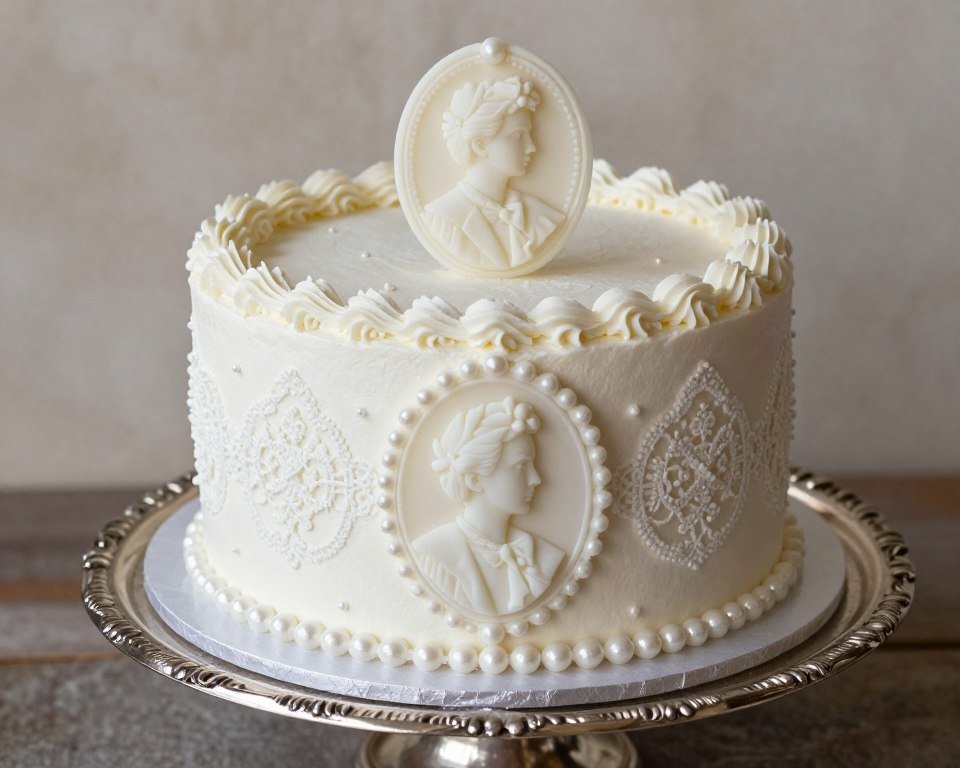 victorian vintage birthday cake with cameo and lace details