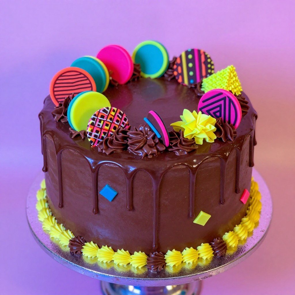 vintage 1980s chocolate drip cake with neon accents