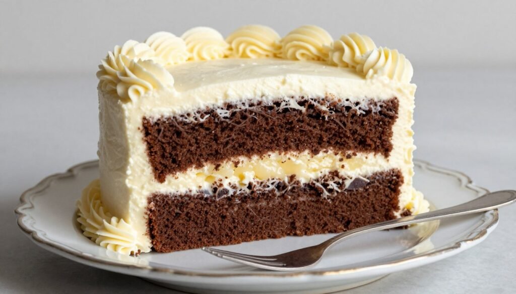 vintage birthday cake slice showing layers and filling