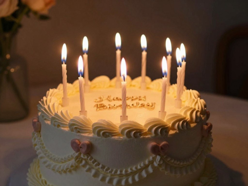 vintage birthday cake with lit candles