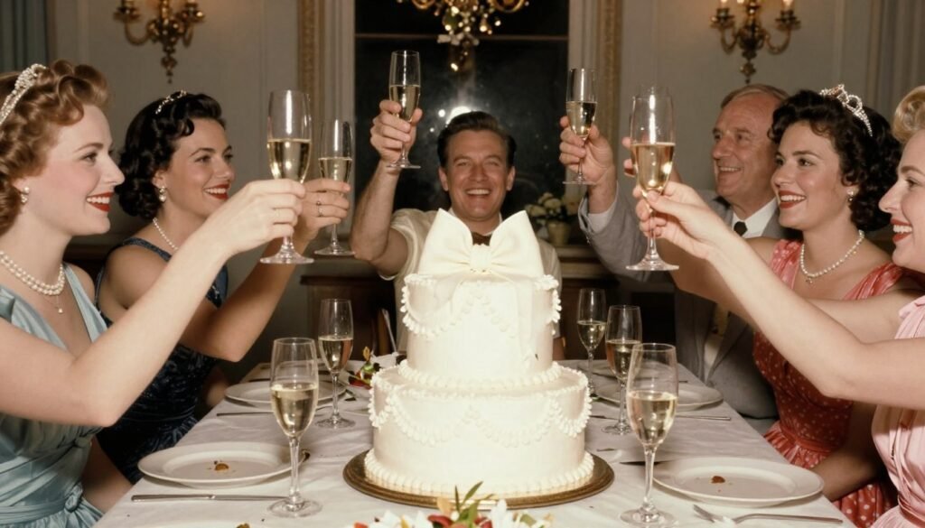 vintage birthday celebration with cake and cheers