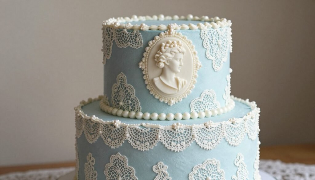 vintage blue cake with antique lace pattern and cameo vintage blue cake with antique lace pattern and cameo