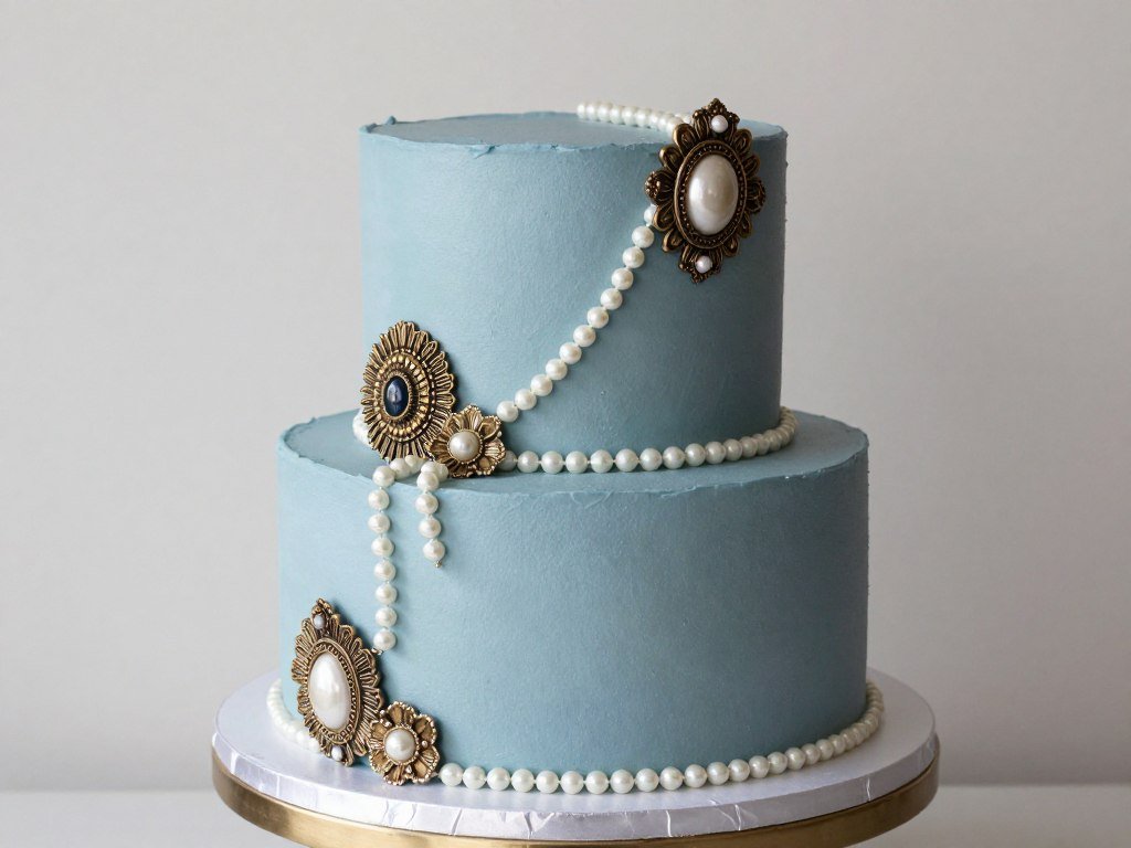 vintage blue cake with edible pearls and brooches vintage blue cake with edible pearls and brooches