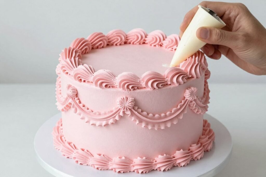 vintage buttercream piping techniques on coquette pink cake