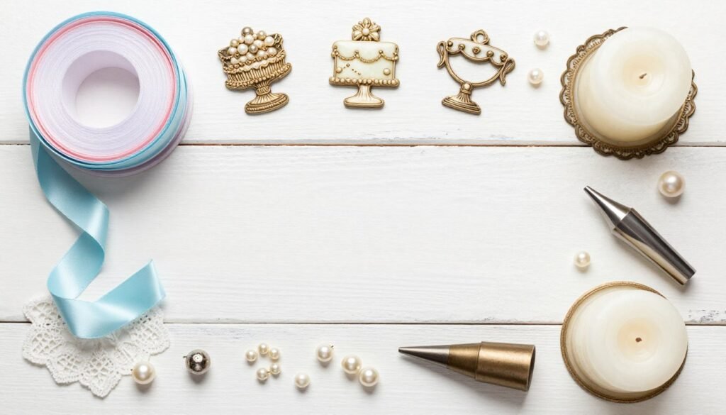 vintage cake decorations including ribbon, pearls, and classic toppers