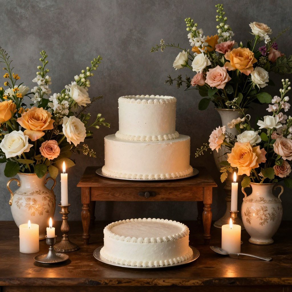 vintage cake display with flowers and candles