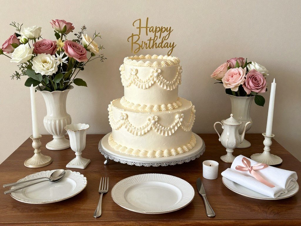 vintage cake table with complementary decorations