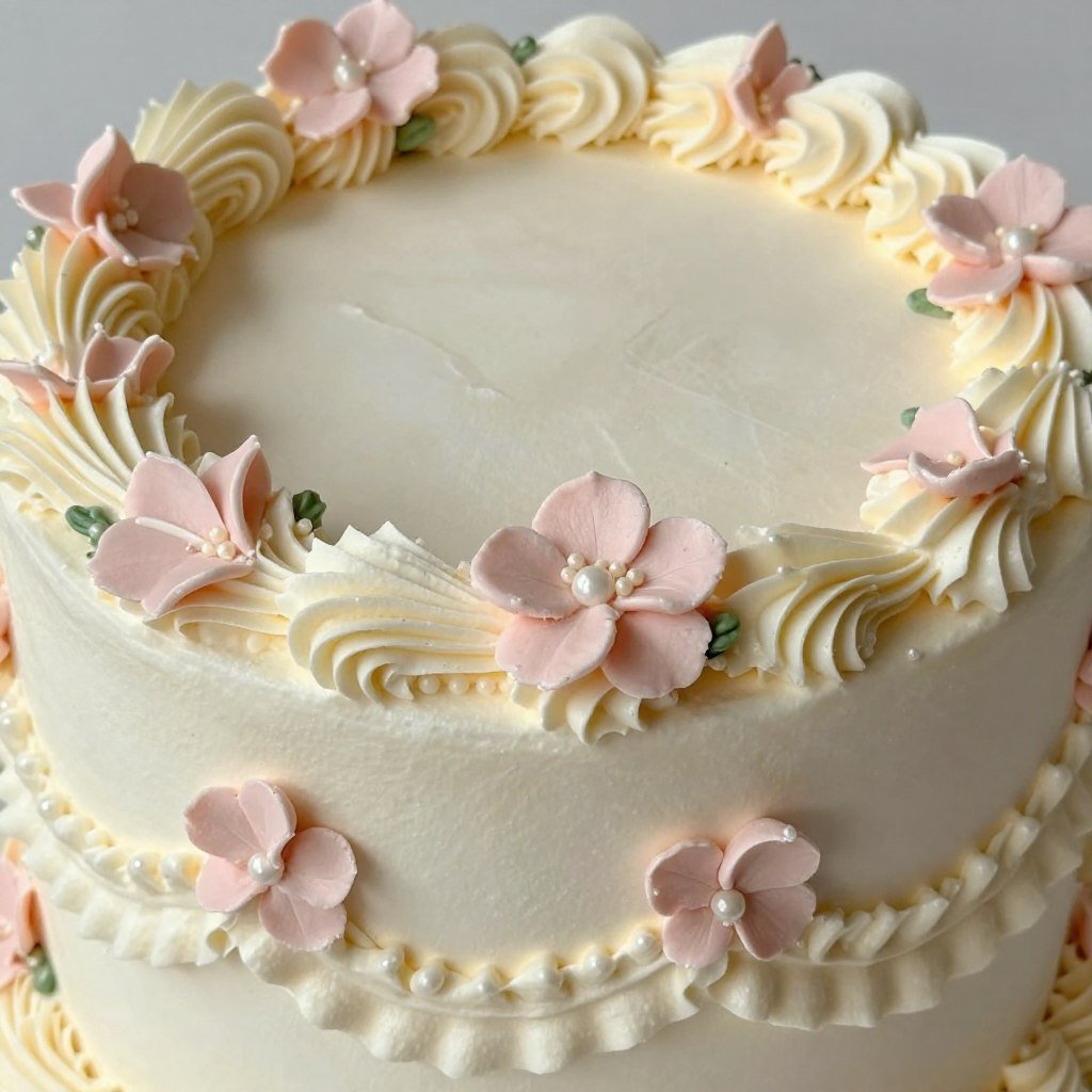 vintage cake with delicate buttercream flowers and piping