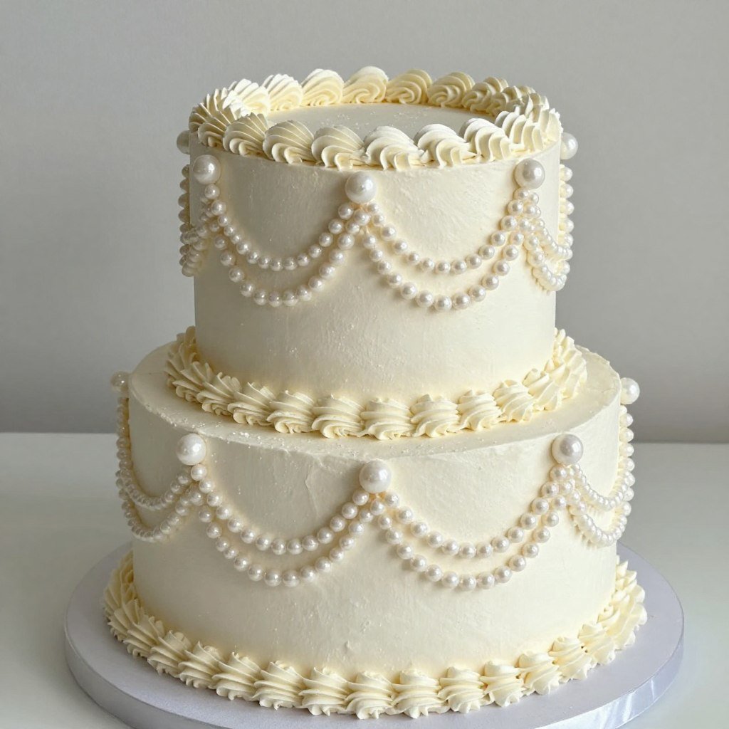 vintage cake with pearl and ribbon decorations