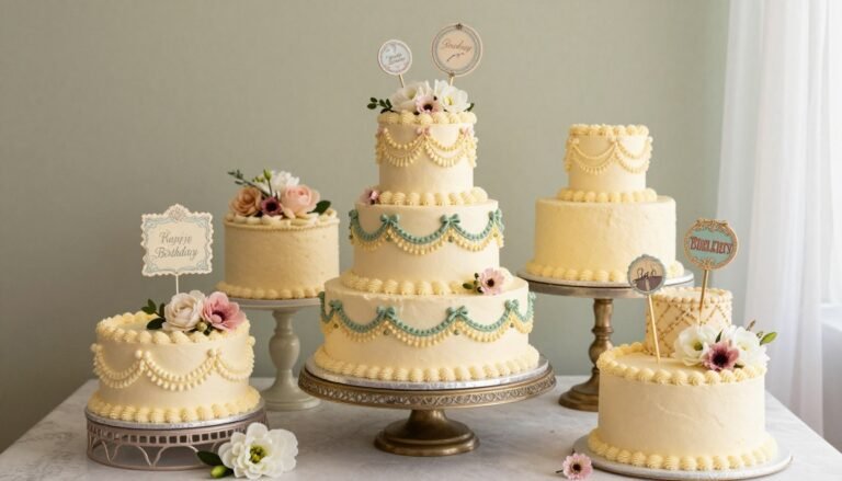 vintage cakes birthday aesthetic arrangement with retro decorations and buttercream frosting