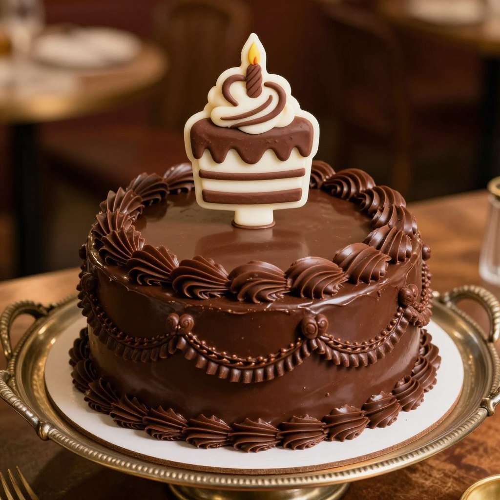 vintage chocolate birthday cake with retro decorations