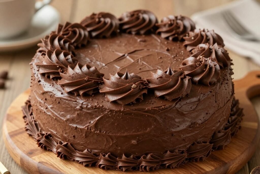 vintage chocolate cake with 1970s textured frosting