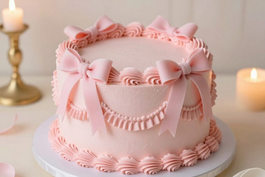 vintage coquette birthday cake with edible glitter and bows