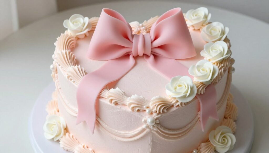 vintage heart cake with pink bow and piping