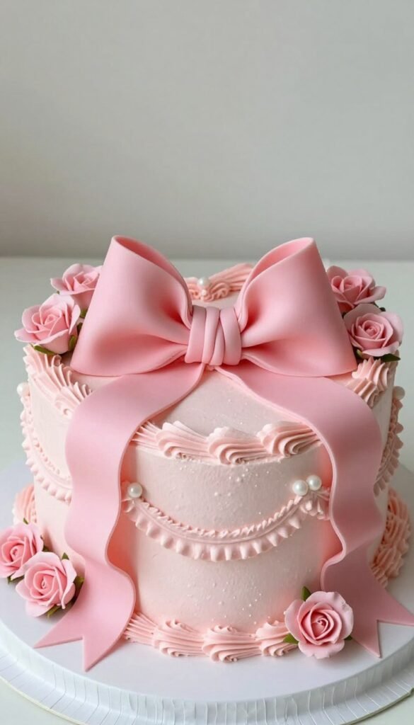 vintage heart cake with pink bow decoration