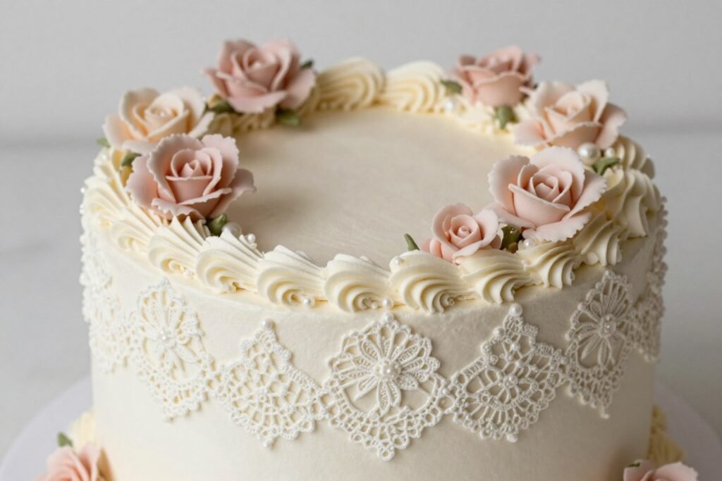 vintage lace pattern birthday cake with antique rose decorations