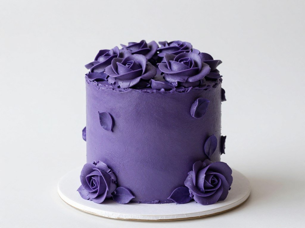 violet cake with purple frosting flowers