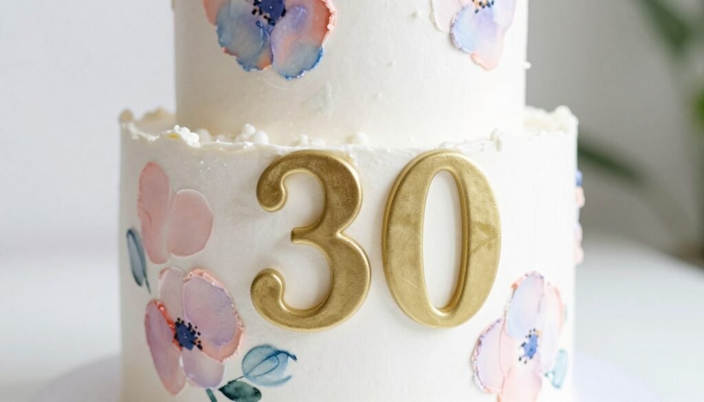 watercolor painted 30th birthday cake with abstract floral design