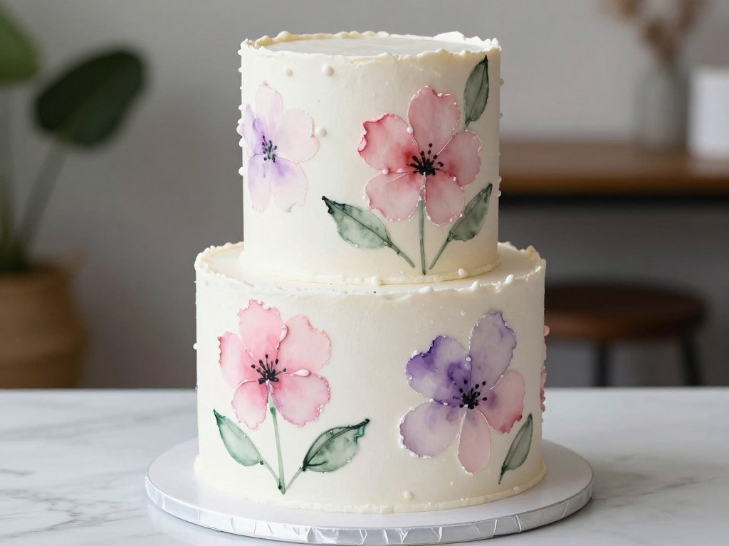 watercolor painted cake with hand-painted flowers watercolor painted cake with hand-painted flowers