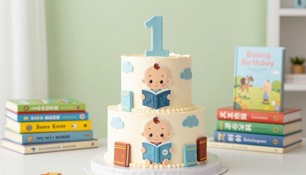 whimsical storybook-themed first birthday cake with favorite character decorations