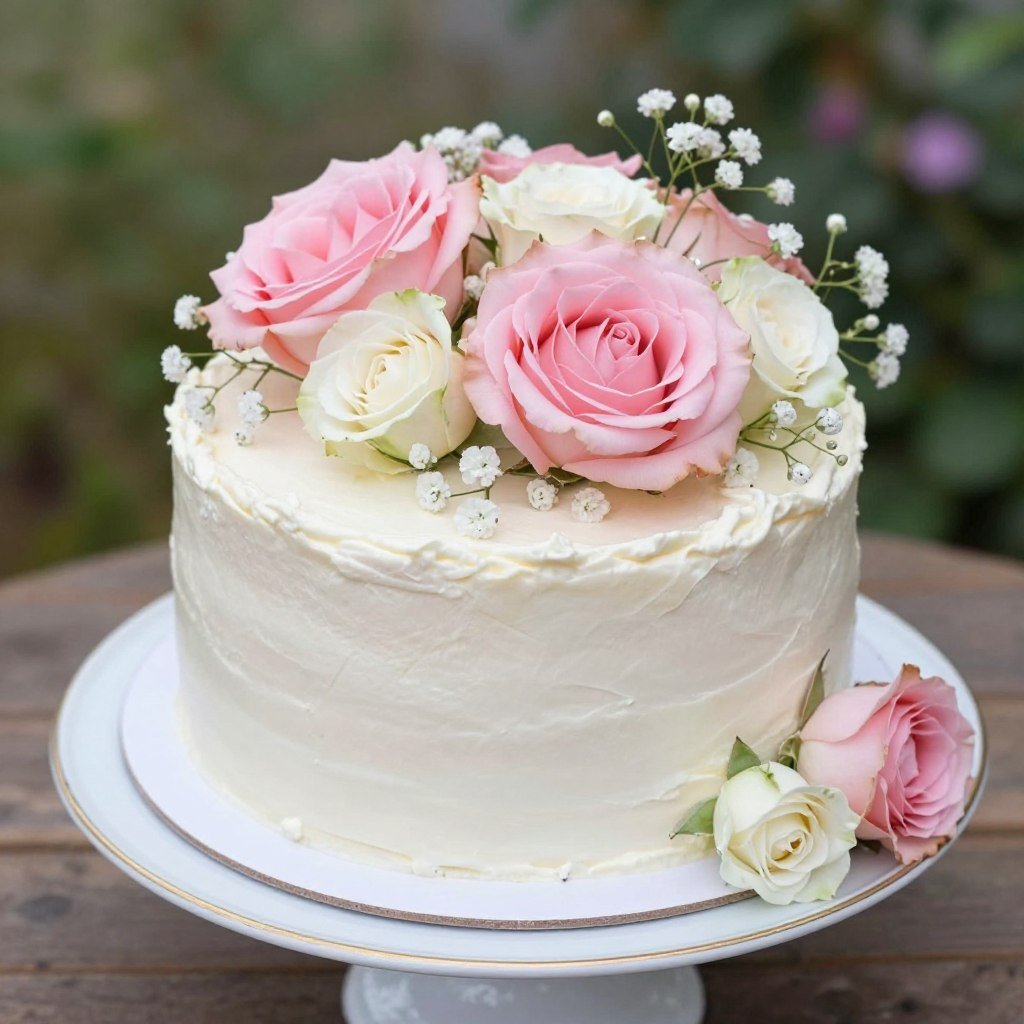white 50th birthday cake adorned with soft pink and cream roses