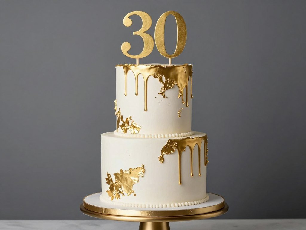 white and gold 30th birthday cake with gold leaf decoration