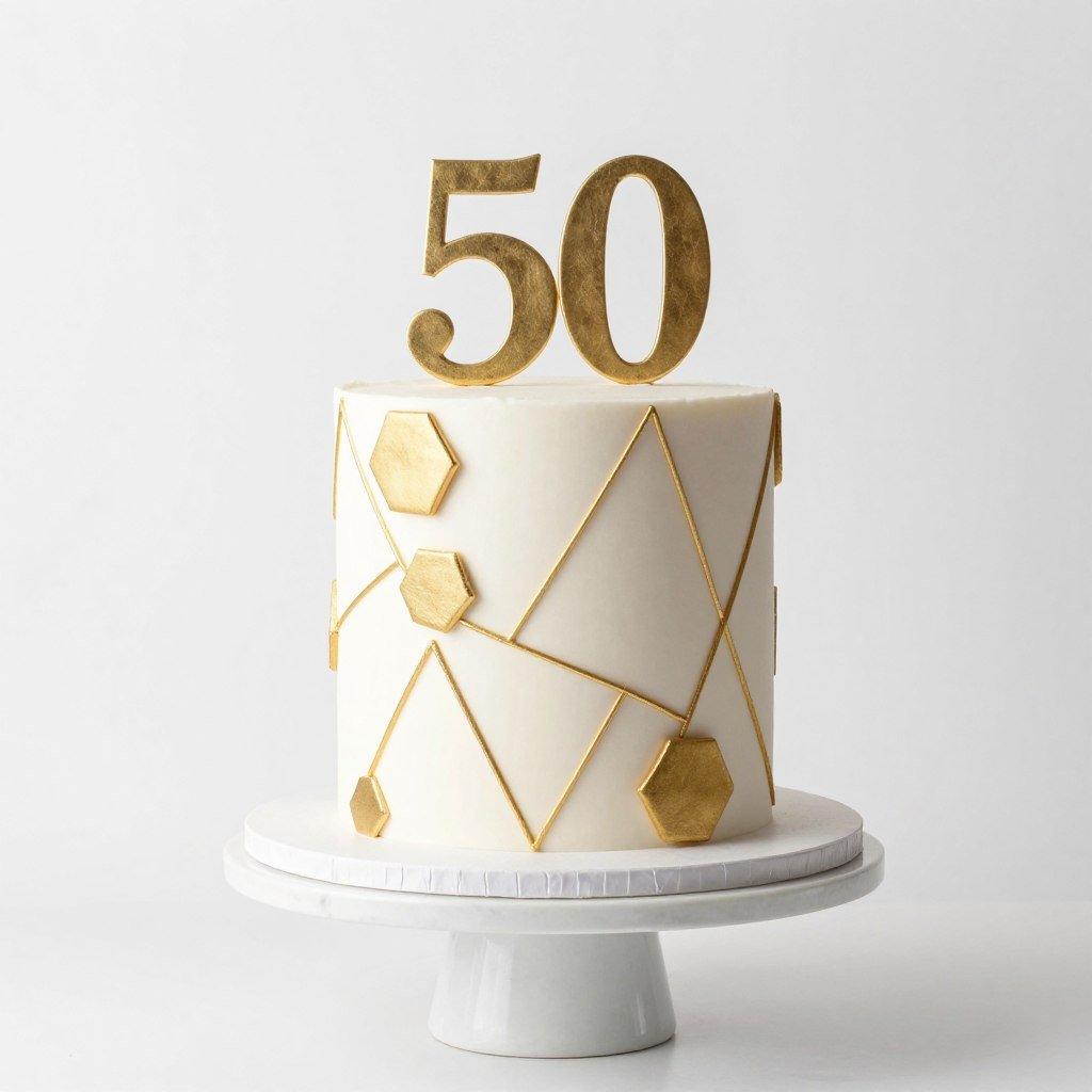 white and gold geometric pattern 50th birthday cake with modern design