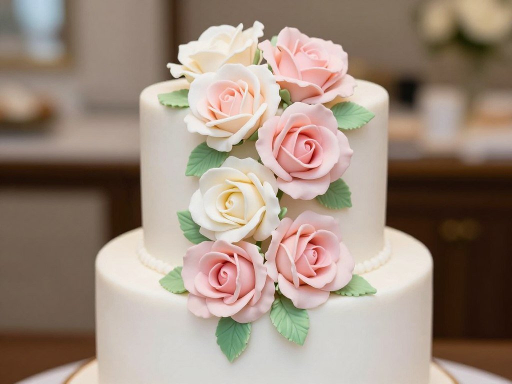 white birthday cake decorated with cascading sugar roses in blush pink tones