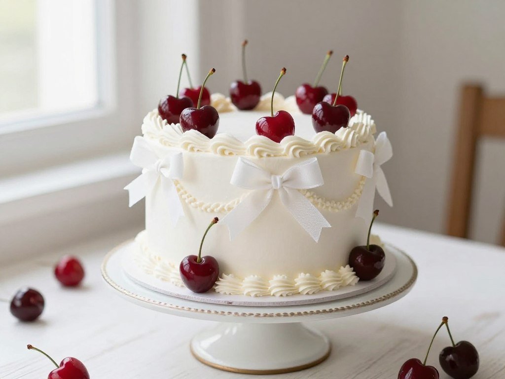 white birthday cake with cherry decorations and coquette style elements white birthday cake with cherry decorations and coquette style elements