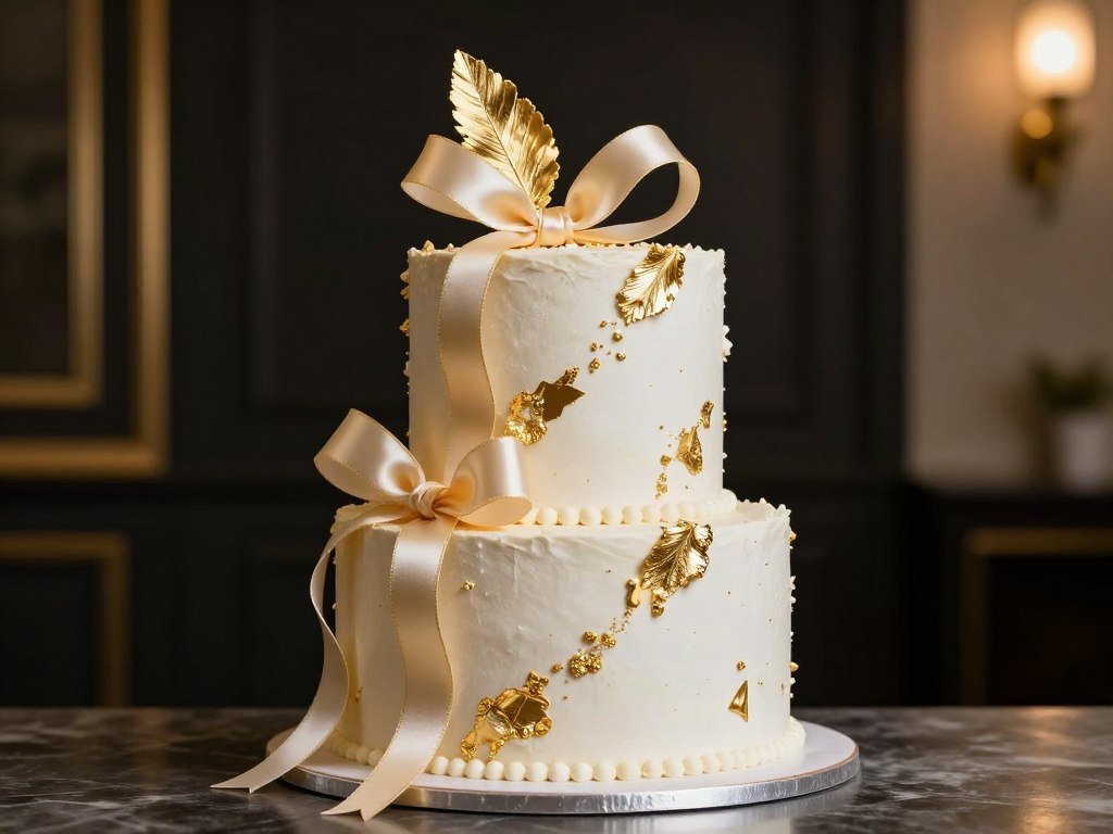 white birthday cake with gold leaf and coquette ribbon details white birthday cake with gold leaf and coquette ribbon details