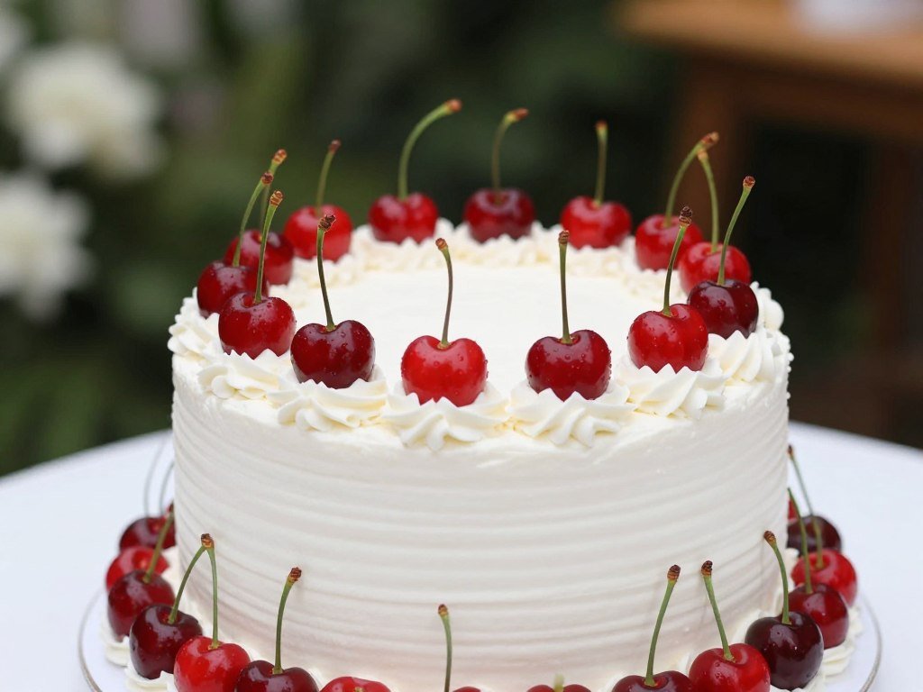 white birthday cake with red cherry accents in coquette style white birthday cake with red cherry accents in coquette style