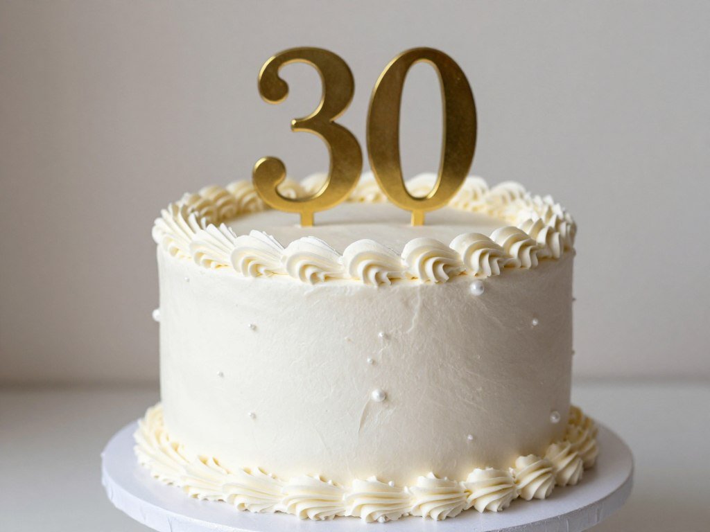 white buttercream 30th birthday cake with delicate piping details